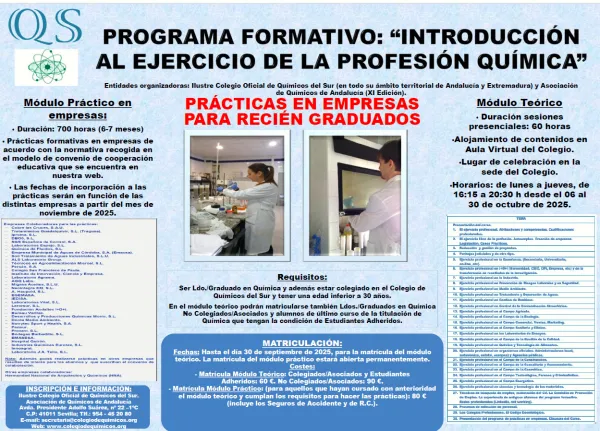 XI edición programa formativo "introducción al ejercicio de la profesión química"(ampliación plazo de inscripción)