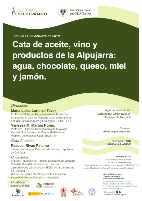 Curso Cata de aceite, vino y productos de la Alpujarra: agua, chocolate, queso, miel y jamón.