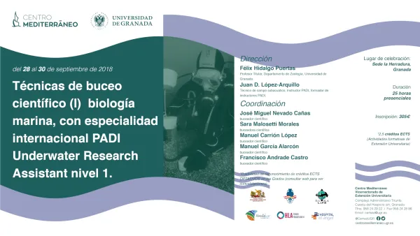 Técnicas de buceo científico (I) biología marina, con especialidad internacional PADI Underwater Research Assistant nivel 1.