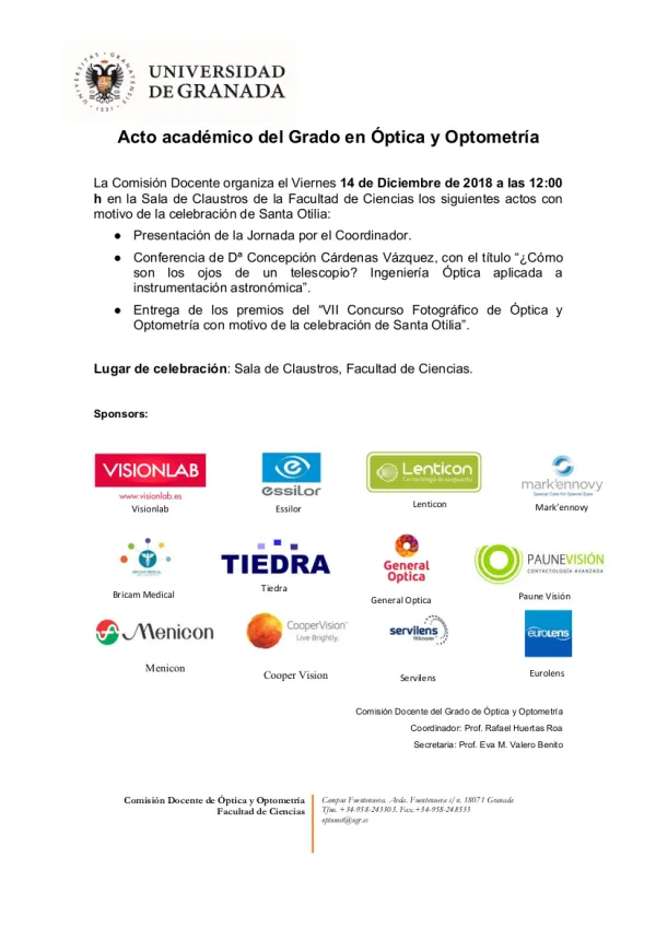 Acto académico del Grado en Óptica y Optometría