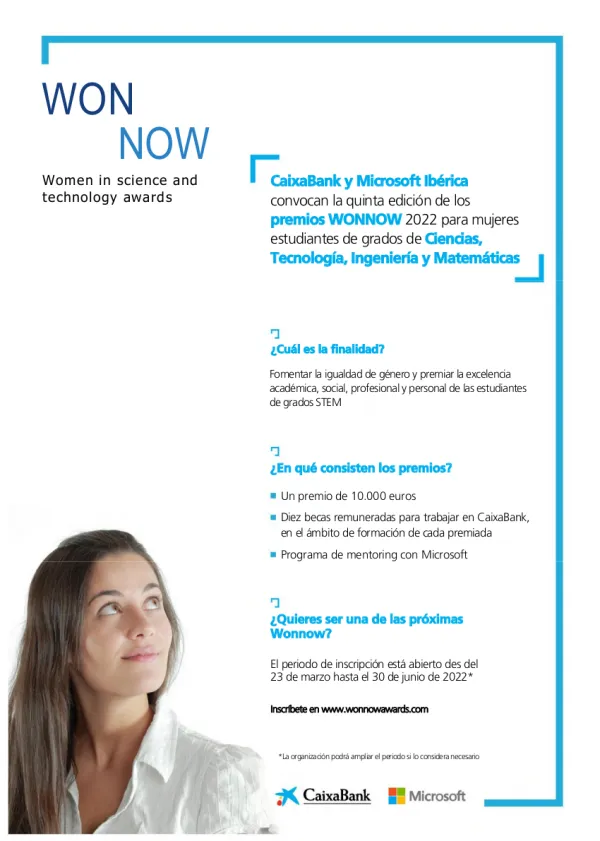 5ª Edición Premios WONNOW para mujeres estudiantes de últimos cursos de grados de Ciencias, Tecnología, Ingeniería y Matemáticas. 